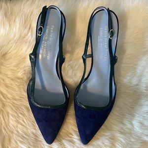 Italian | Enrico Antinori | Blue Green Velvet Leather Kitten Heel